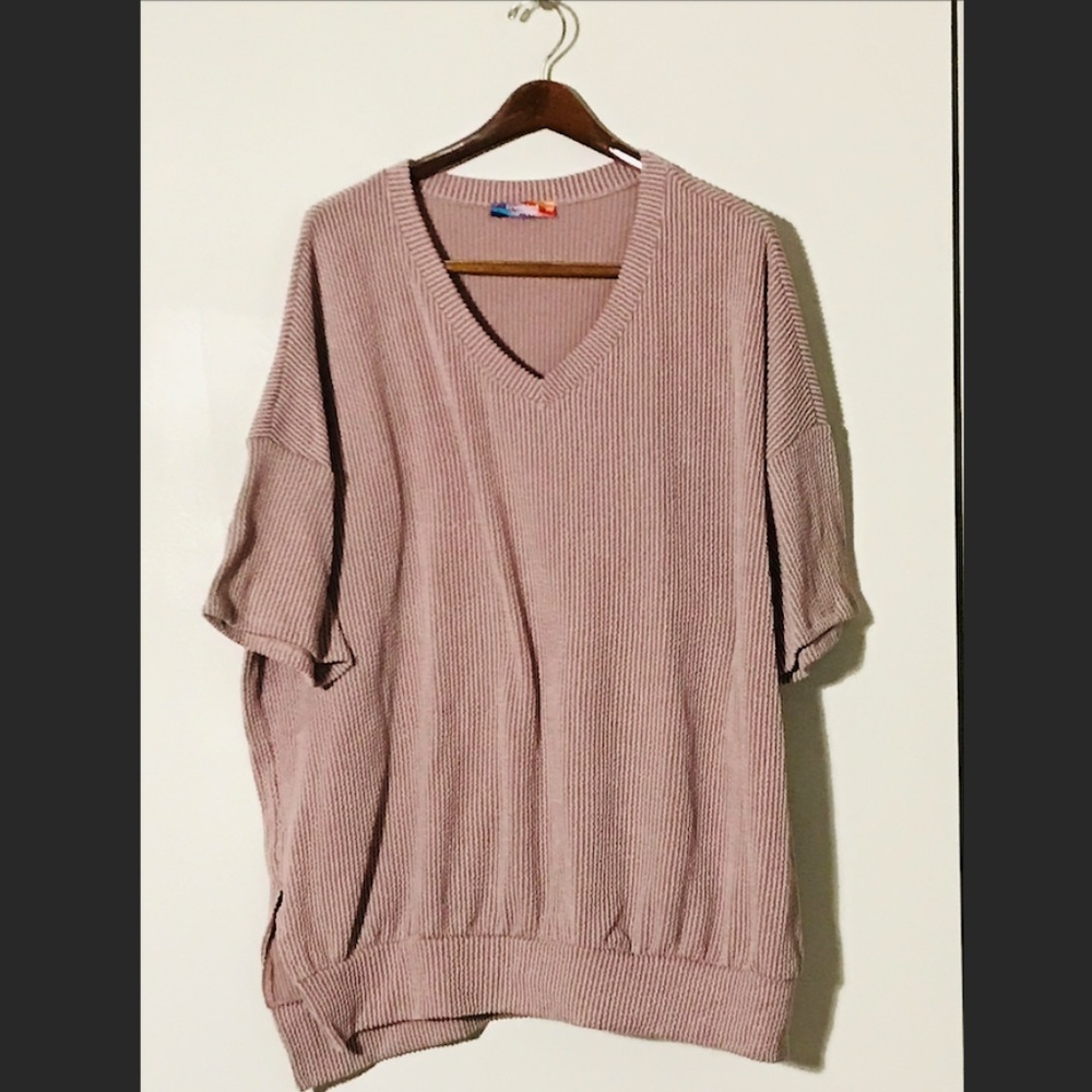 Sandy pink Freckled Poppy oversized ribbed knit v neck top | 1X